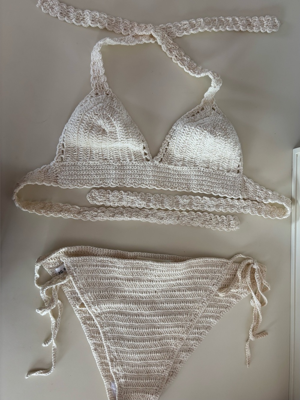 Boston Proper Crochet Triangle Bikini Set Cream Swim Top & Bottom NWT
